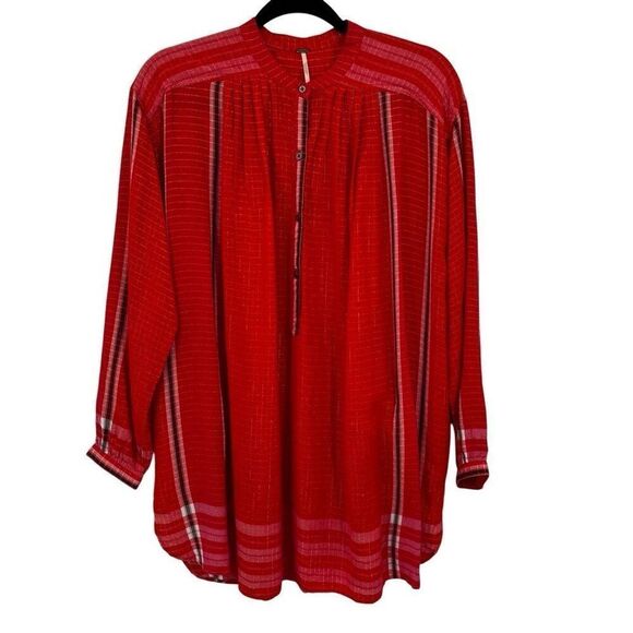 FREE PEOPLE LONG SLEEVE YARN DYE LUREX TUNIC TOP Red Orange Size XS - Picture 1 of 12